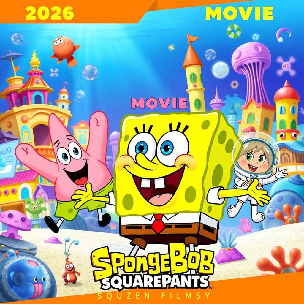 A vibrant and whimsical poster for the 2026 SpongeBob SquarePants movie