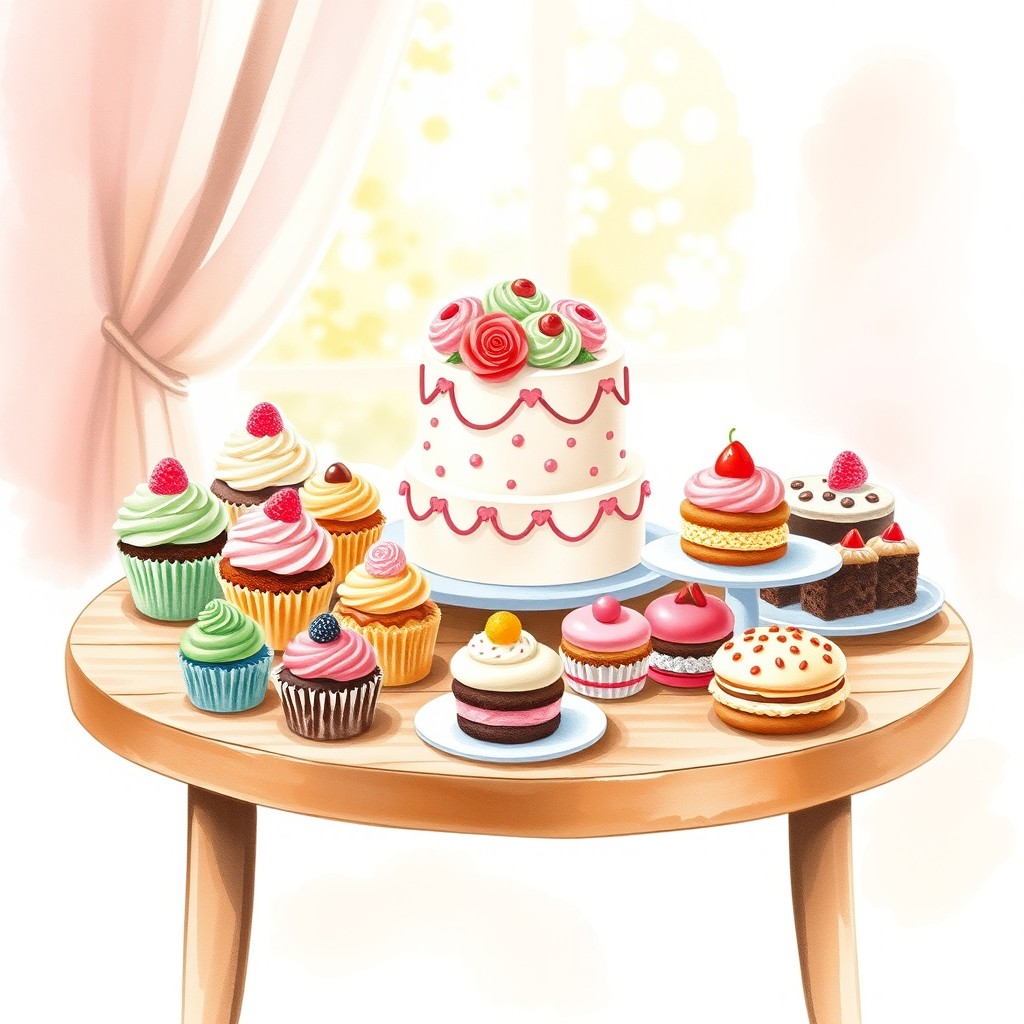 A delightful display of various delicious desserts including colorful cupcakes, intricate macarons, and a beautifully decorated cake, arranged artfully on a simple wooden table