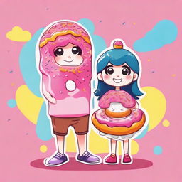 A cartoon image of a cool boy and a cute girl, both adorned with fun costumes that embody the spirit of a colorful, enticing donut.