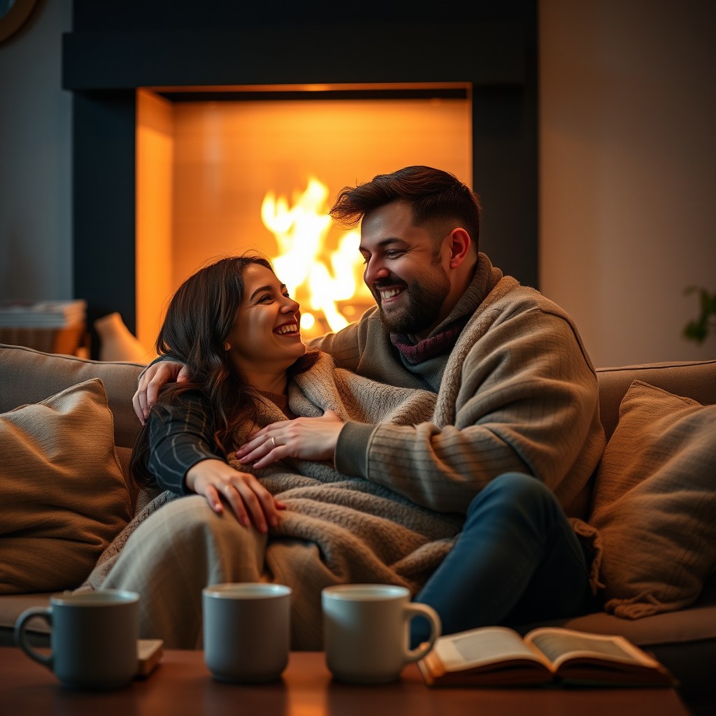 A romantic scene of a husband and wife enjoying a cozy evening at home