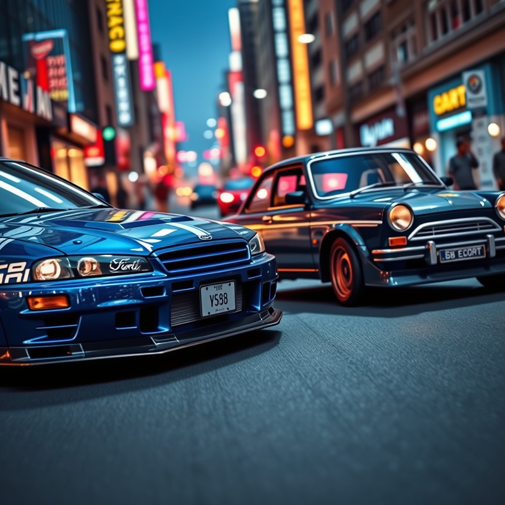 A dynamic car scene featuring a Nissan Skyline R34, known for its sleek design and powerful performance, positioned side by side with a classic Ford Escort from 1984, showcasing its vintage charm