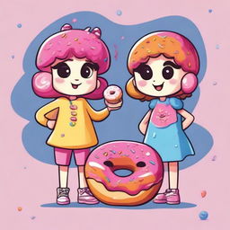 A cartoon image of a cool boy and a cute girl, both adorned with fun costumes that embody the spirit of a colorful, enticing donut.