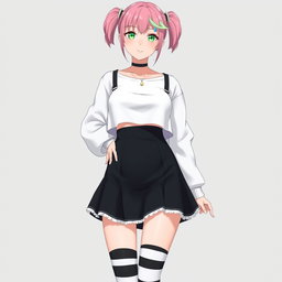 An anime adult woman wearing a stylish white wide, long-sleeved cropped shirt that accentuates her figure