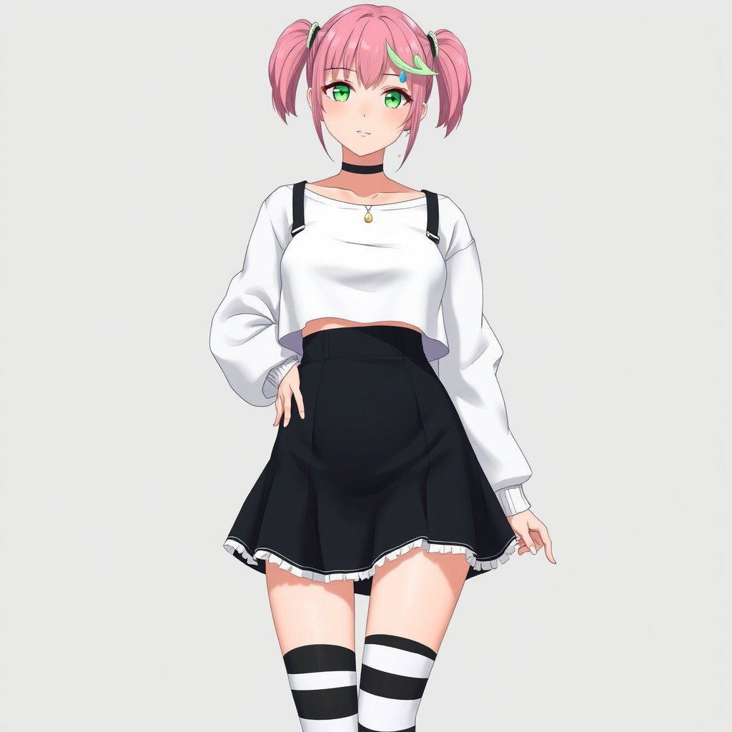 An anime adult woman wearing a stylish white wide, long-sleeved cropped shirt that accentuates her figure