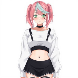 An anime adult woman wearing a stylish white wide, long-sleeved cropped shirt that accentuates her figure