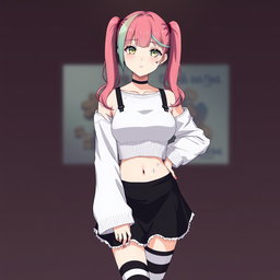 An anime adult woman wearing a stylish white wide, long-sleeved cropped shirt that accentuates her figure