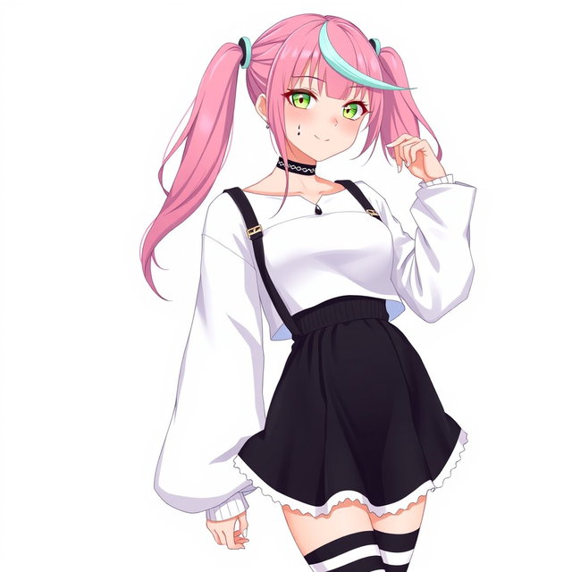 An anime adult woman wearing a stylish white wide, long-sleeved cropped shirt that accentuates her figure