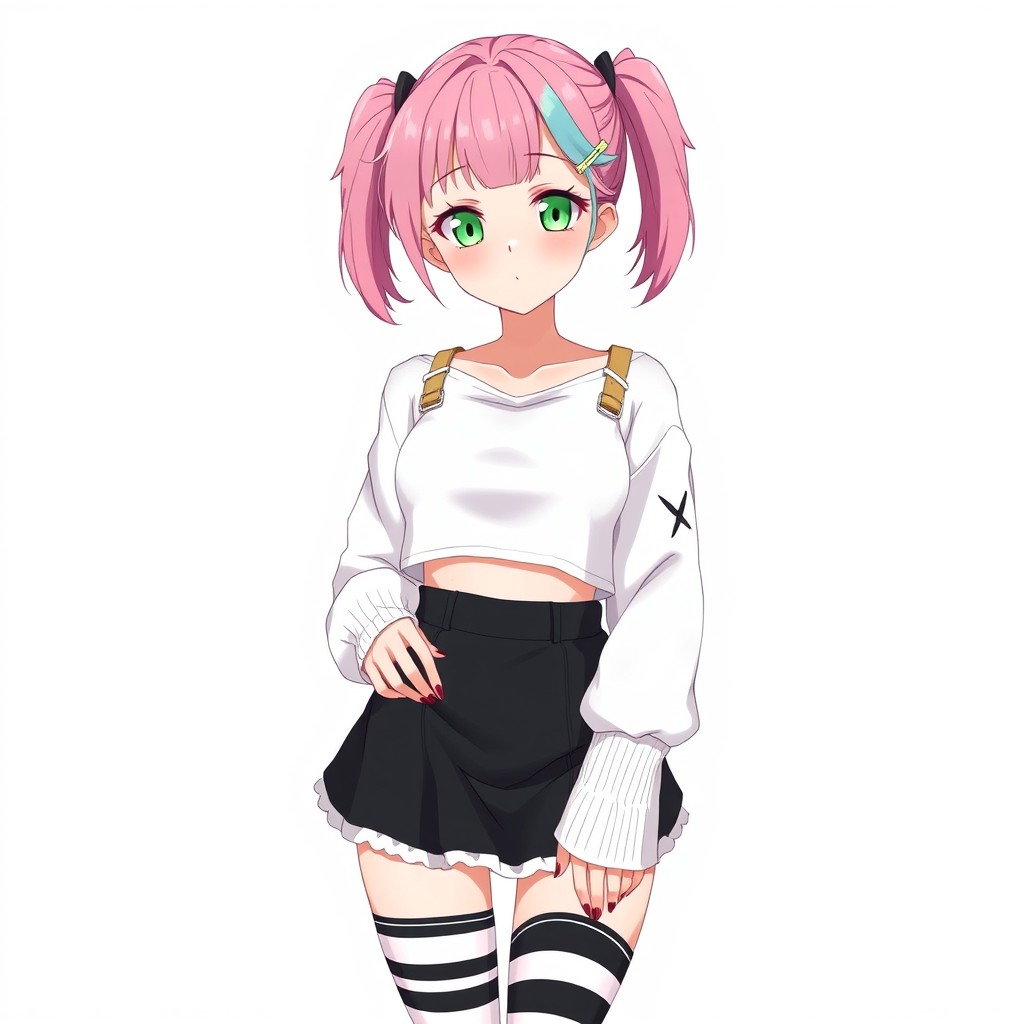 An anime adult woman wearing a stylish white wide, long-sleeved cropped shirt that highlights her figure