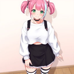 An anime adult woman wearing a stylish white wide, long-sleeved cropped shirt that highlights her figure