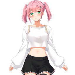 An anime adult woman wearing a stylish white wide, long-sleeved cropped shirt that highlights her figure