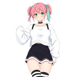 An anime adult woman wearing a stylish white wide, long-sleeved cropped shirt that highlights her figure