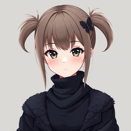 An anime adult woman with dark dirty blonde hair styled into two playful pigtails, complemented by bangs that elegantly cover her forehead