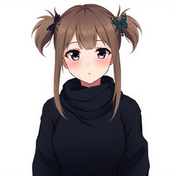 An anime adult woman with dark dirty blonde hair styled into two playful pigtails, complemented by bangs that elegantly cover her forehead