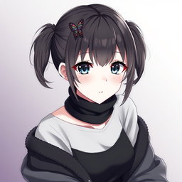 An anime adult woman with dark dirty blonde hair styled into two playful pigtails, complemented by bangs that elegantly cover her forehead