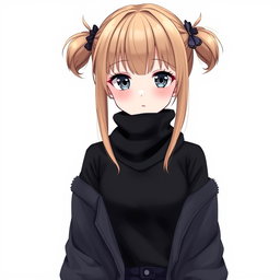 An anime adult woman with dark dirty blonde hair styled into two playful pigtails, complemented by bangs that elegantly cover her forehead