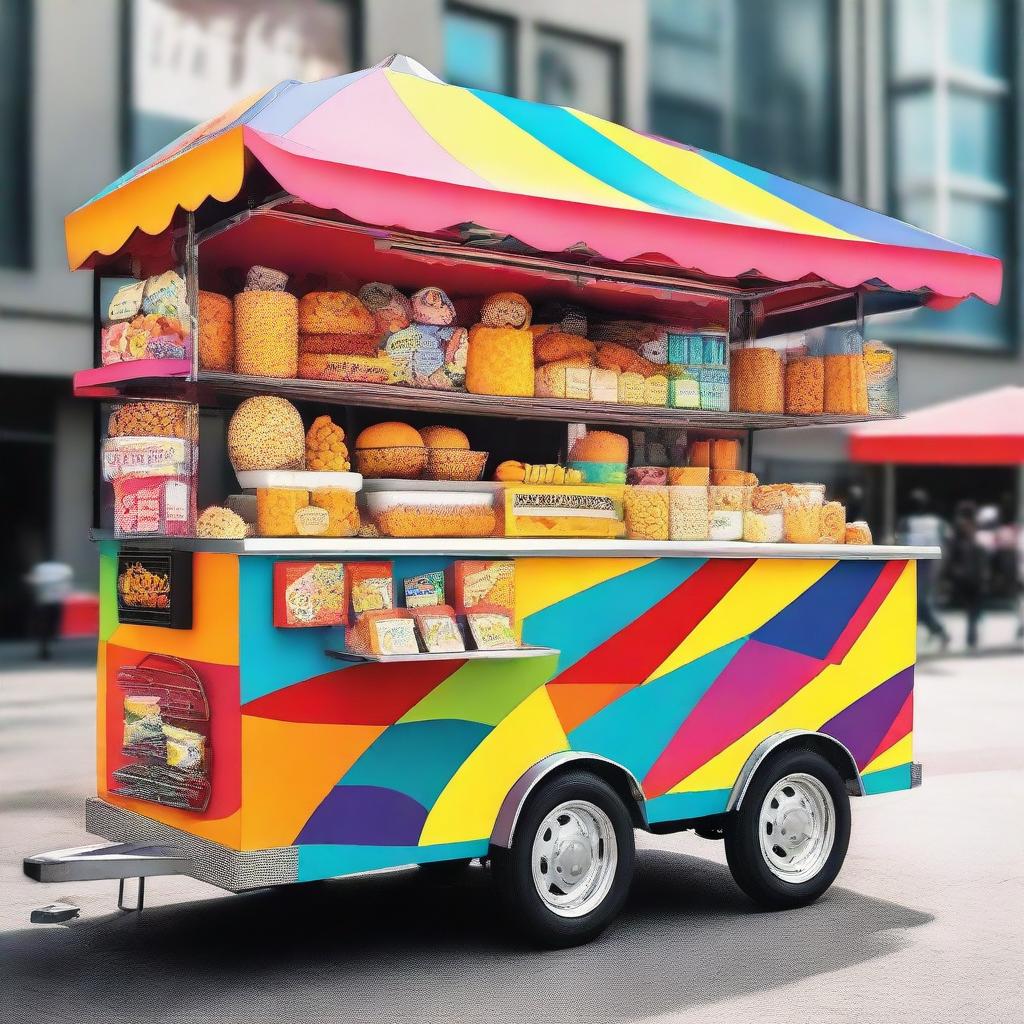 A trendy and colorful Generation-Z themed fried food cart filled with various typical fried snacks.