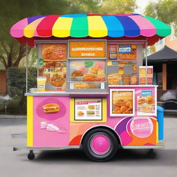 A trendy and colorful Generation-Z themed fried food cart filled with various typical fried snacks.