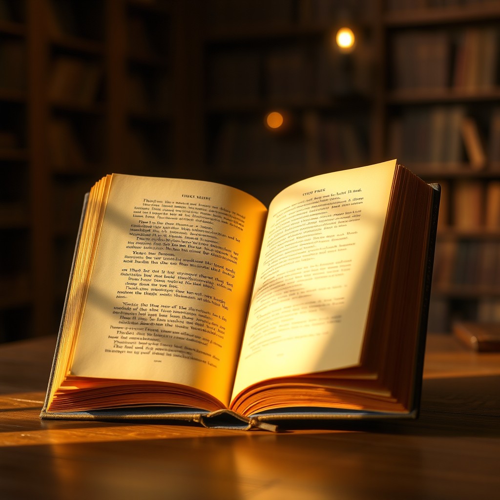 An open brown book with blank golden pages, showcasing a rich texture on the cover, surrounded by a soft, warm light