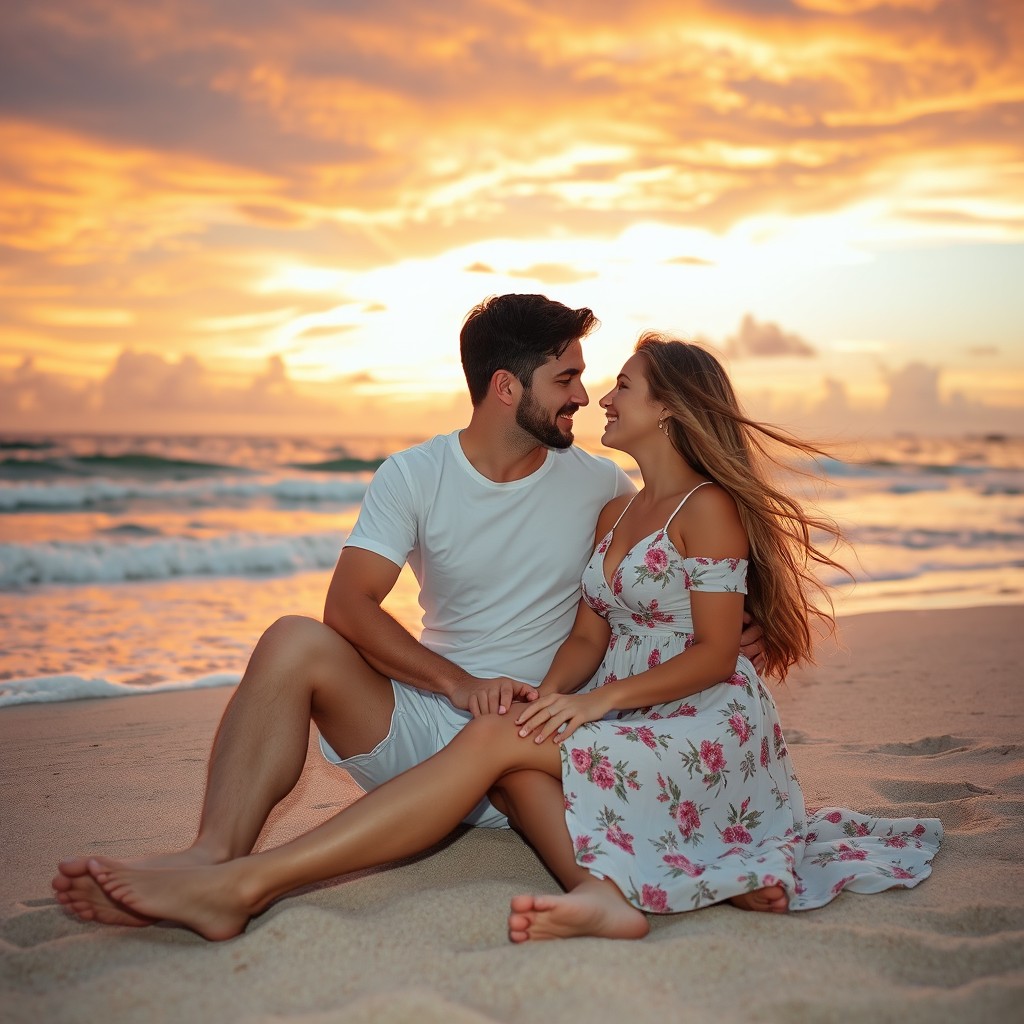 A romantic scene featuring a couple enjoying a picturesque sunset on a beach