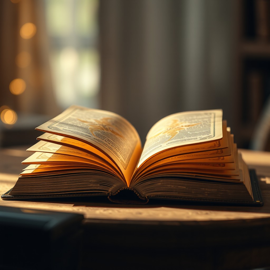 A brown open book with golden pages, adorned with intricate designs, elegantly displayed on a wooden table