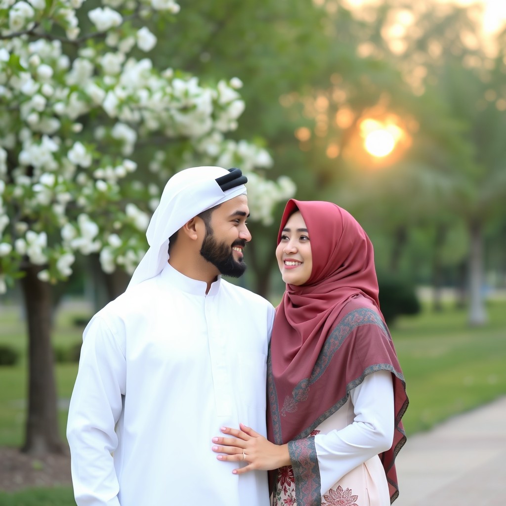A beautiful and loving Muslim couple standing together in a serene park, both dressed in traditional attire, with the man in a white thobe and the woman in a colorful hijab and modest, elegant dress