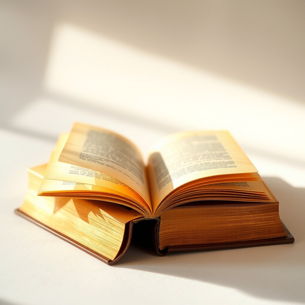 An open brown book with no writing, showcasing its elegant golden pages that shimmer softly against a softly lit background