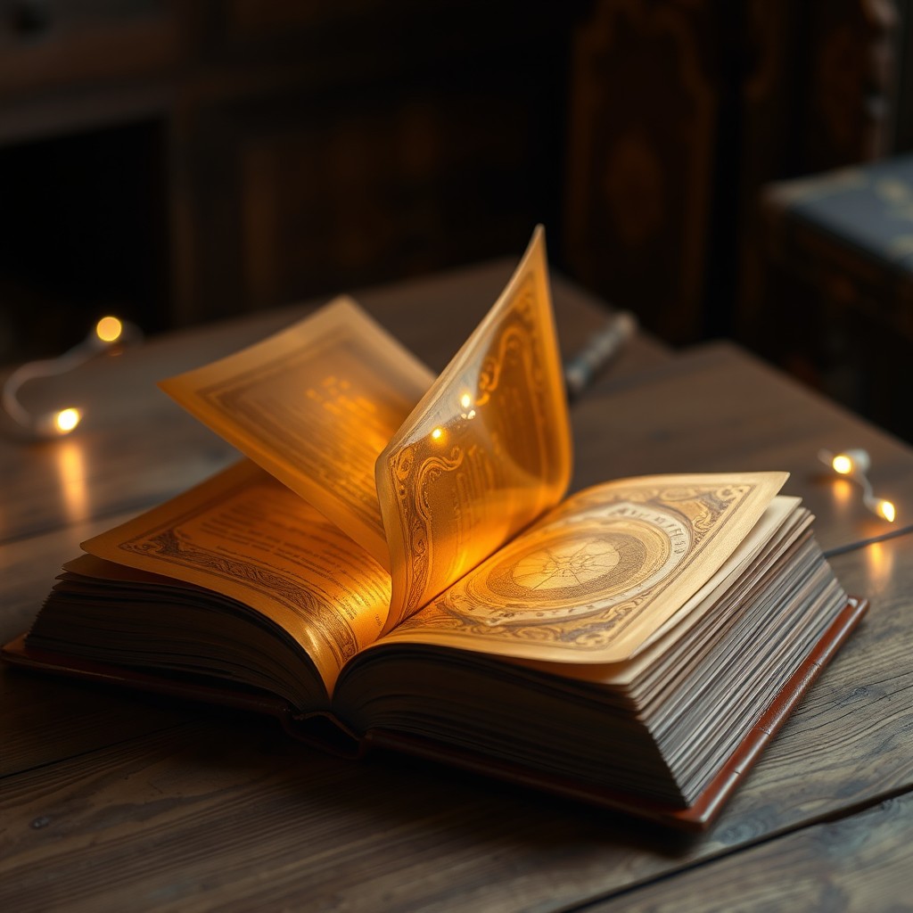 A beautifully crafted brown book opened, showcasing its pages that are translucent with a shimmering golden hue