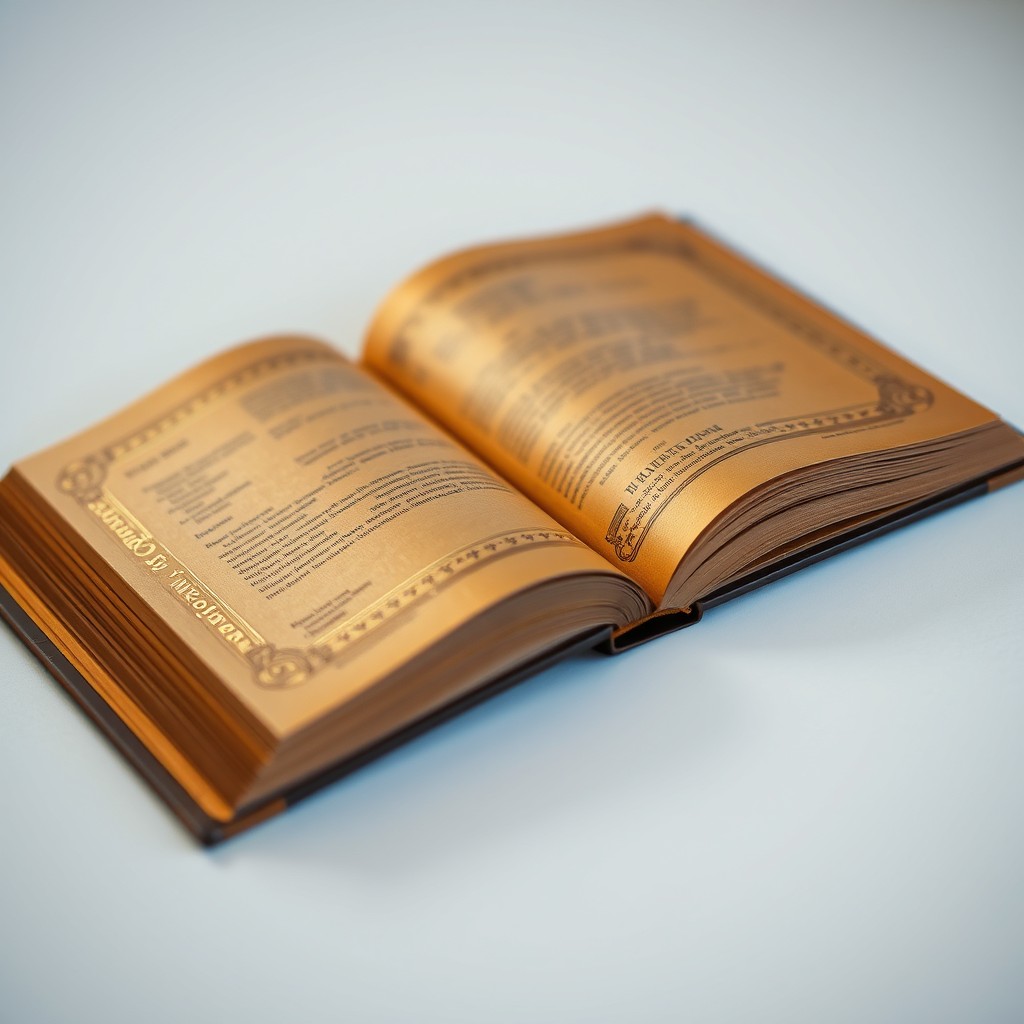 An open brown book with pages that have a neutral gold color, lying flat on a smooth surface