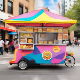 A trendy and colorful Generation-Z themed fried food cart filled with various typical fried snacks.