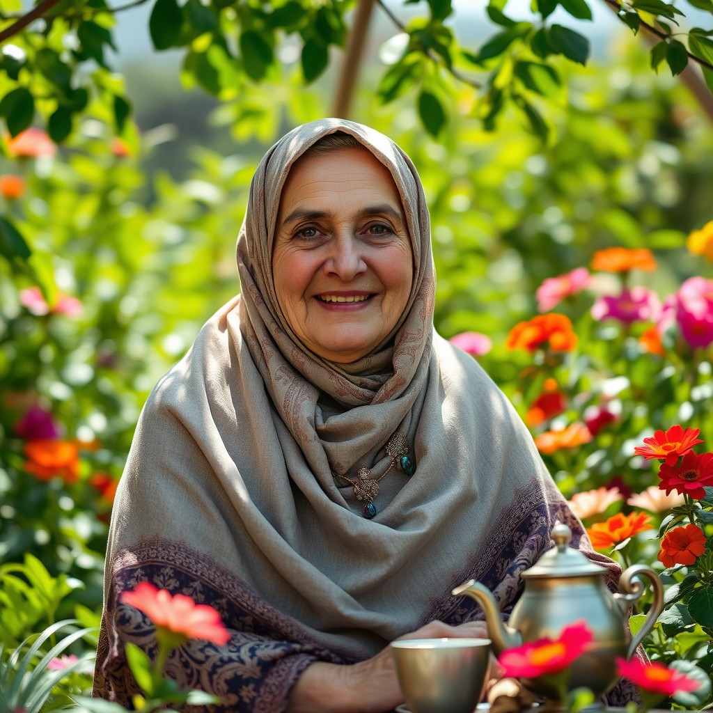 An elderly Muslim woman, gracefully draped in a beautifully patterned hijab, sitting in a sunlit garden filled with vibrant flowers