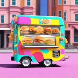 A trendy and colorful Generation-Z themed fried food cart filled with various typical fried snacks.