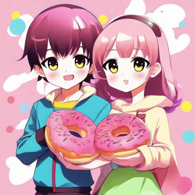 Anime style image featuring a cool boy and a cute girl, both in creative costumes that mimic the look of a brightly colored and delicious donut.