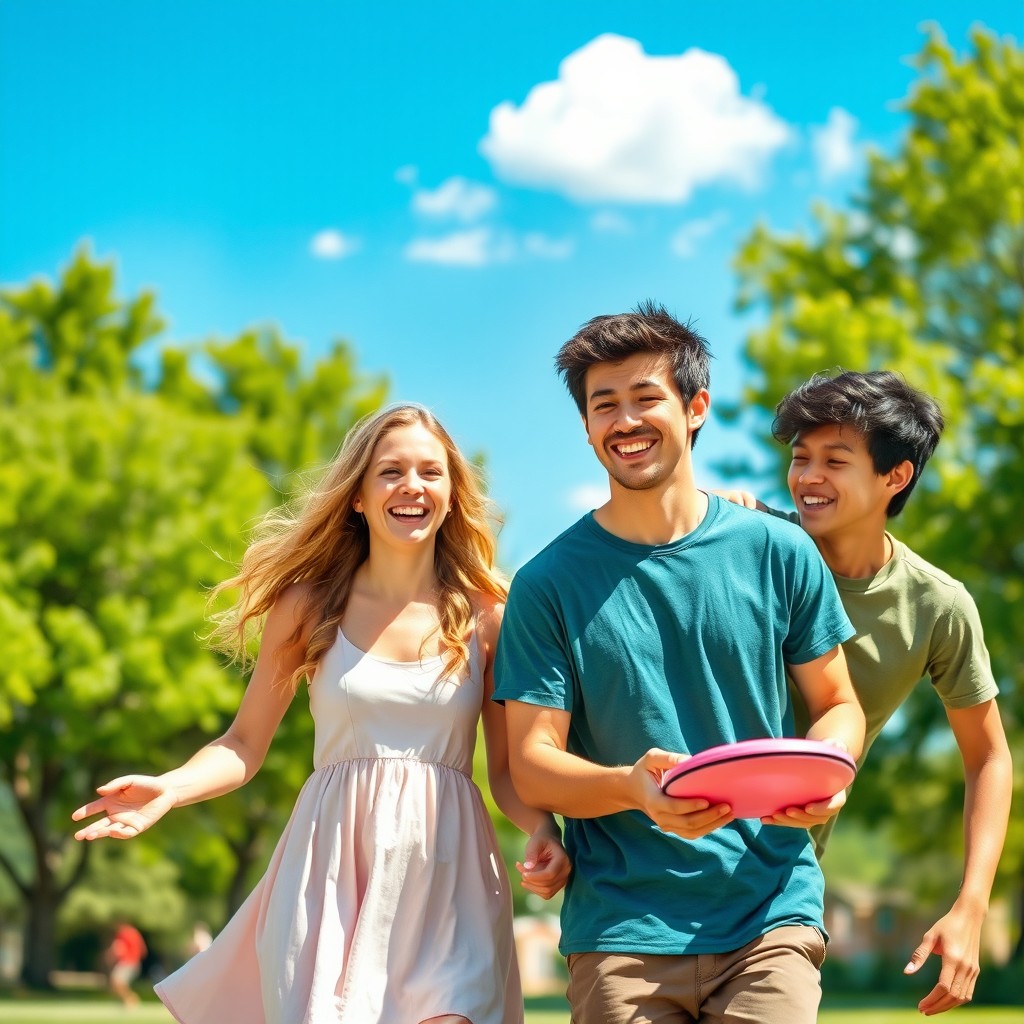 A vibrant scene depicting two brothers and a sister enjoying a sunny day at the park