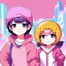 Anime style image featuring a cool boy and a cute girl, both in creative costumes that mimic the look of a brightly colored and delicious donut.