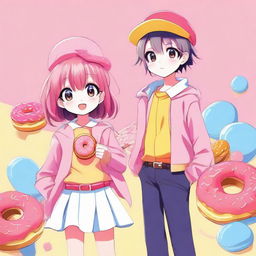 Anime style image featuring a cool boy and a cute girl, both in creative costumes that mimic the look of a brightly colored and delicious donut.