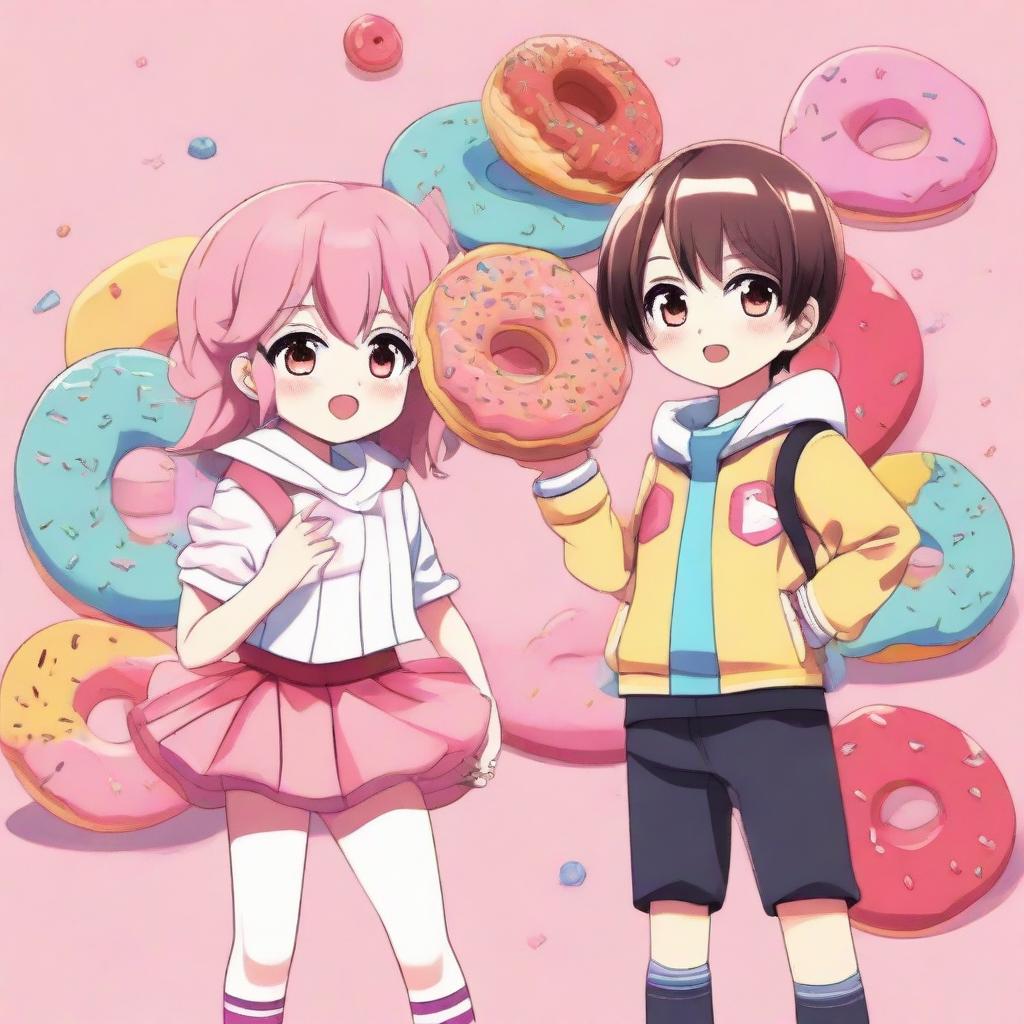 Anime style image featuring a cool boy and a cute girl, both in creative costumes that mimic the look of a brightly colored and delicious donut.