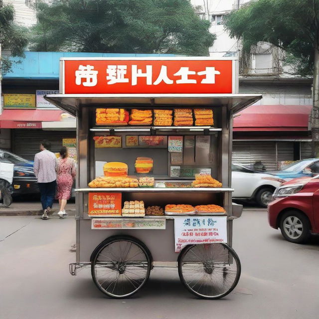 A food cart selling fried snacks, indicating a price of 1 million (in a suitable currency), denoting affordability.