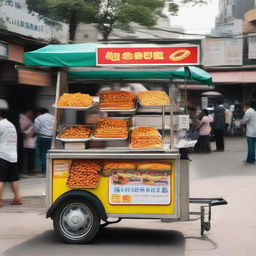 A food cart selling fried snacks, indicating a price of 1 million (in a suitable currency), denoting affordability.