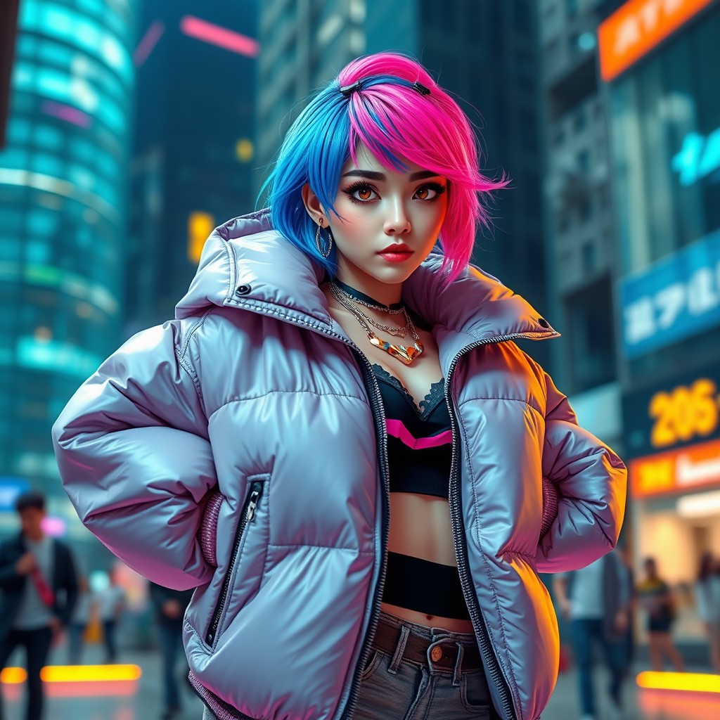 A stylish and confident character inspired by Zoey from K-Pop Demon Hunters, wearing a trendy, oversized puffer jacket