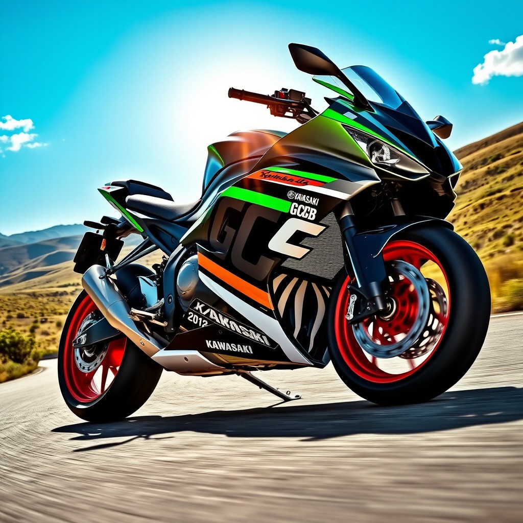 A stunning motorcycle on an open road, featuring a creative combination of Kawasaki and Yamaha designs, showcasing sleek lines and vibrant colors