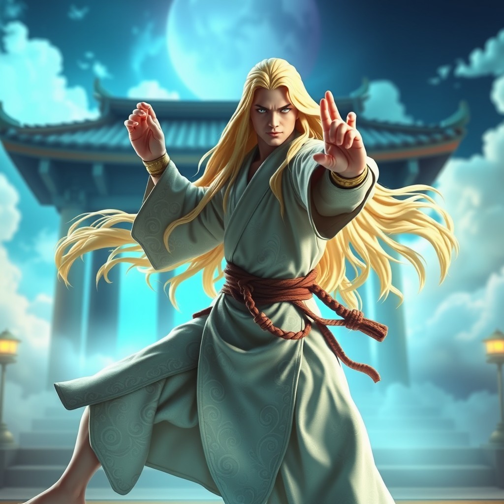A celestial Protector Aasimar Monk with long flowing blond hair and striking white eyes, dressed in traditional monk robes with intricate celestial patterns