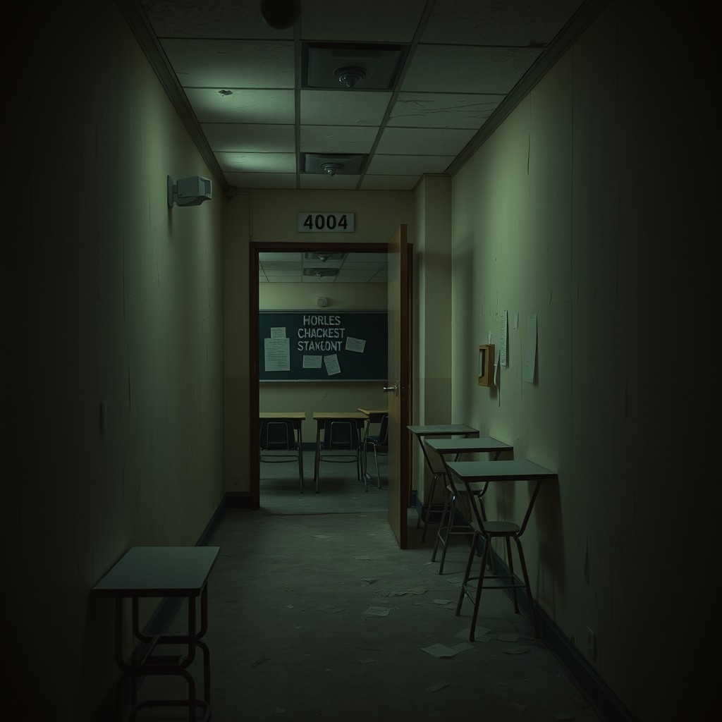 A dimly lit school corridor with a slightly eerie atmosphere, focusing on an open classroom door labeled '404'