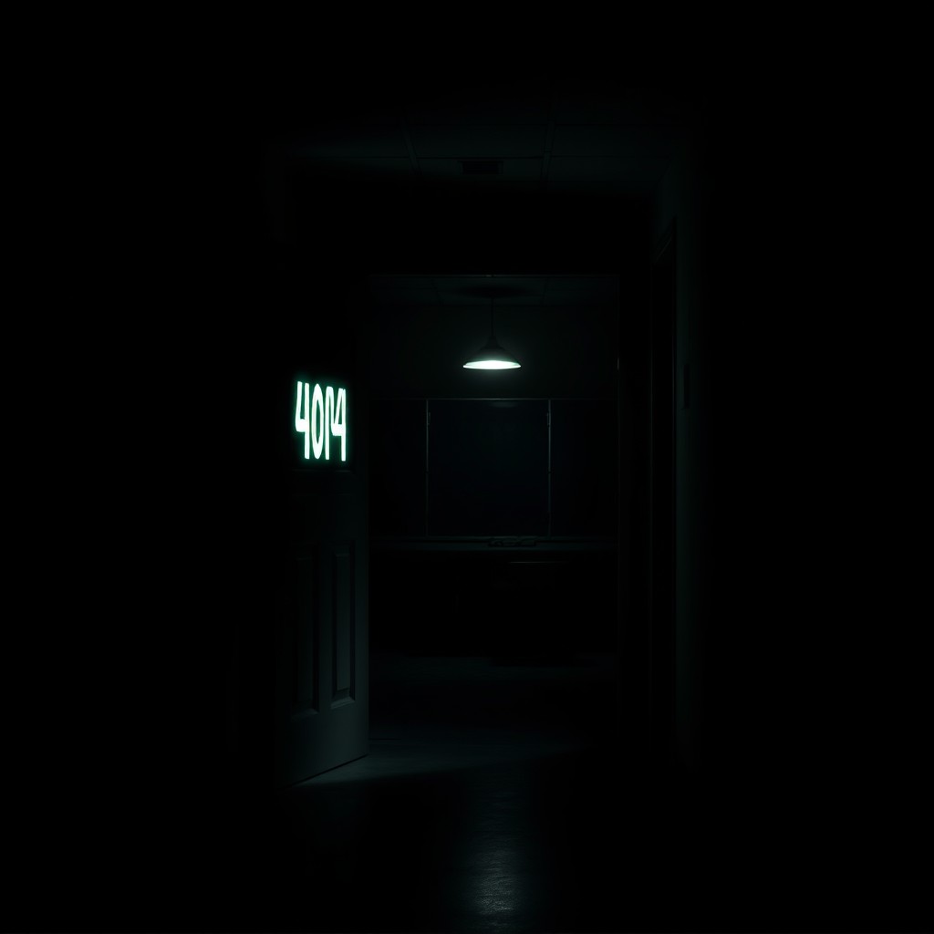 A dark and foreboding school corridor, focusing on an open classroom door marked '404', with the numbers glowing ominously in a haunting light