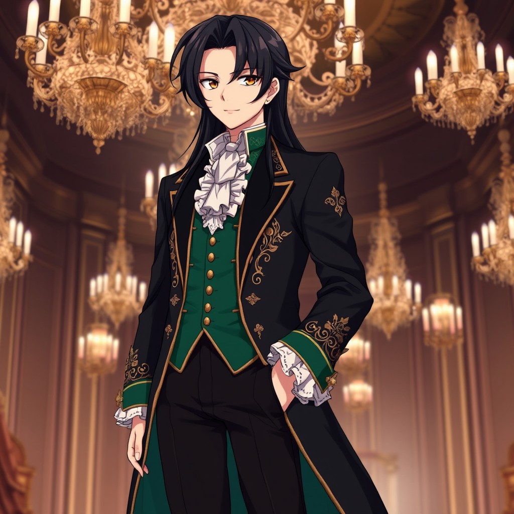 An anime character with long, silky dark hair styled elegantly in an 18th-century aristocratic fashion