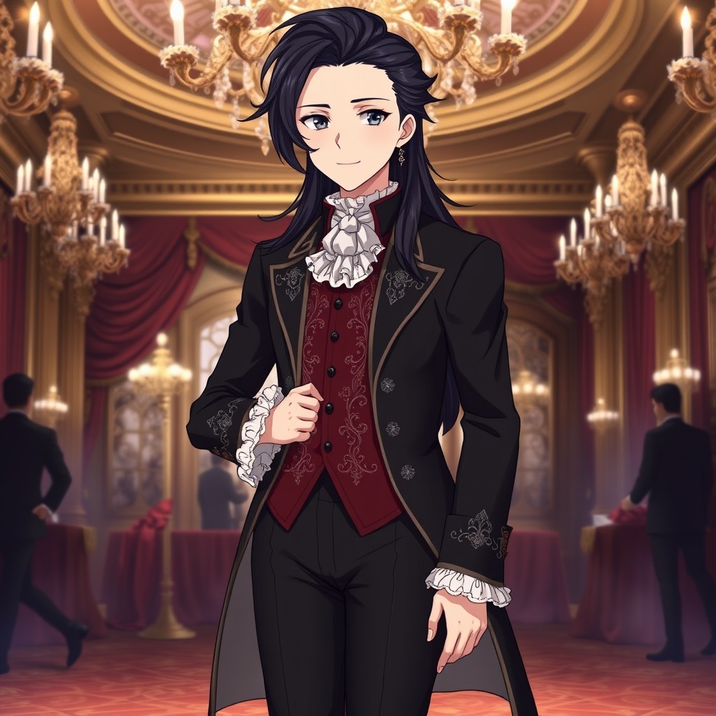 An anime character with striking long dark hair styled in an elaborate fashion typical of the 18th century