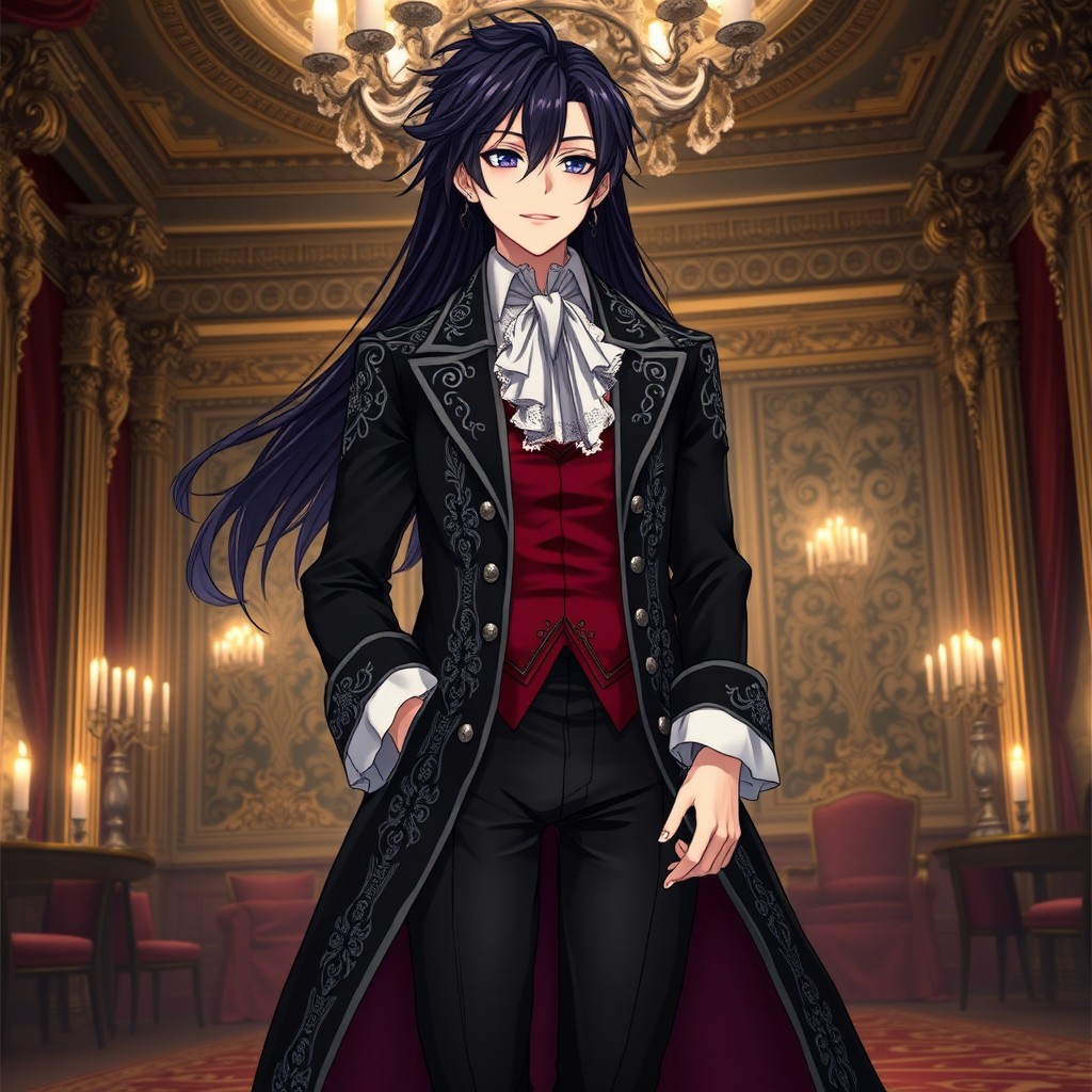 An anime character with striking long dark hair, cascading down elegantly and styled in a sophisticated manner typical of the 18th century aristocracy