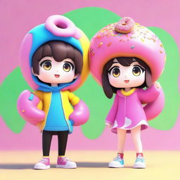 A 3D anime image depicting a cool boy and cute girl, both dressed in vibrant costumes inspired by the shape and colors of a delicious donut.