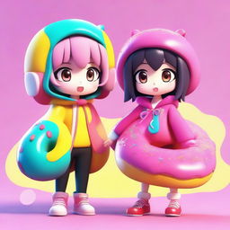 A 3D anime image depicting a cool boy and cute girl, both dressed in vibrant costumes inspired by the shape and colors of a delicious donut.