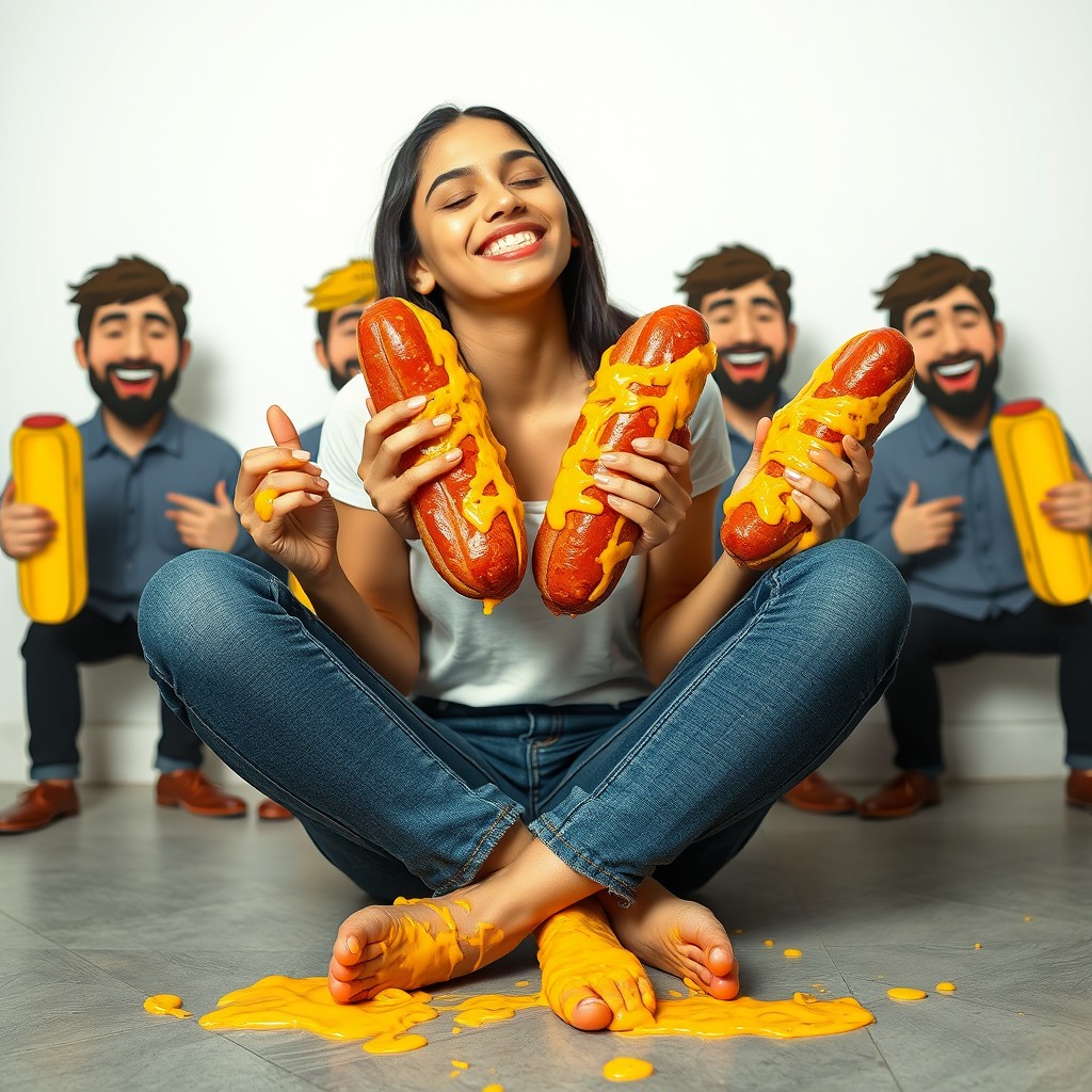 A young Pakistani woman, 18 years old, with an attractive demeanor, sitting criss-cross on the ground, smiling with her eyes closed