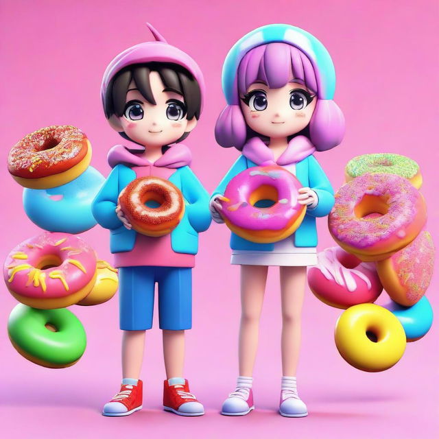 A 3D anime image depicting a cool boy and cute girl, both dressed in vibrant costumes inspired by the shape and colors of a delicious donut.